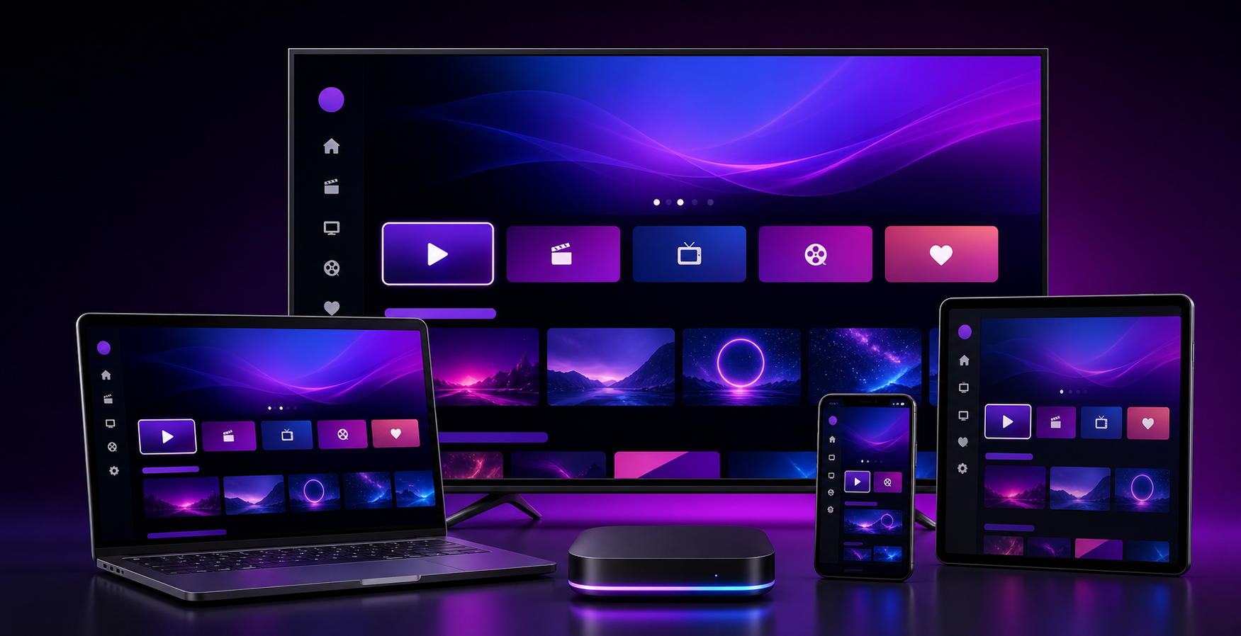 Illustration Atlas Pro ONTV multi ecrans avec TV, tablette, ordinateur portable, telephone et box media.